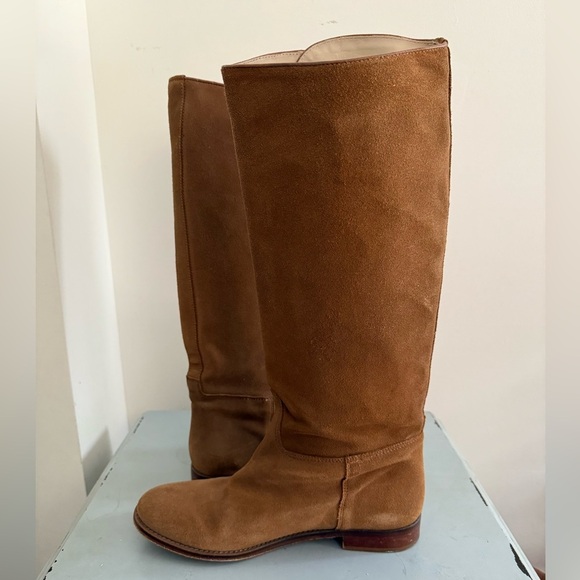 Anthropologie x Andrea Candela Olimpia Tan Brown Suede Knee-High Riding Boots 9 - Picture 8 of 11